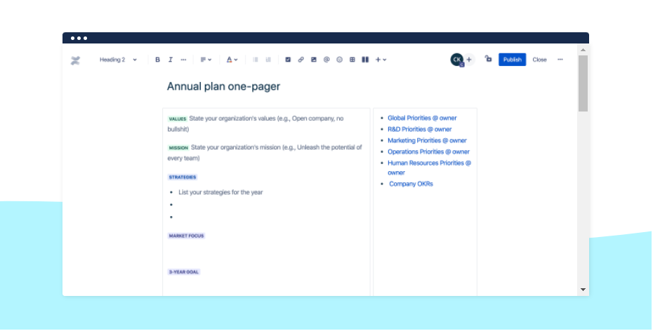 confluence annual one pager plan template