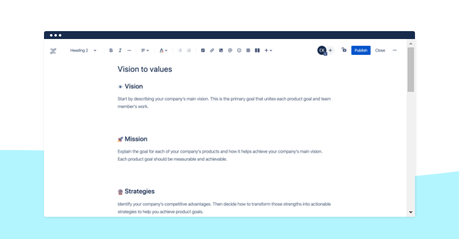 confluence business vision and values template