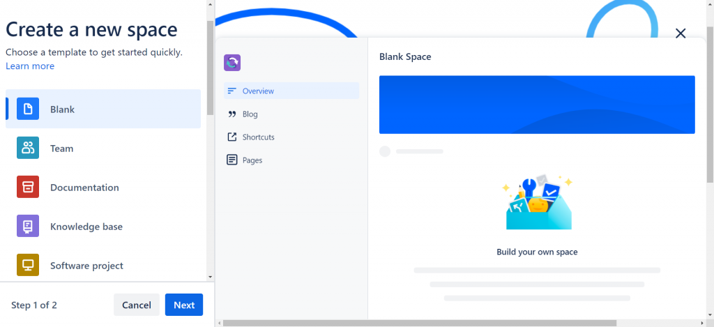 create a space in confluence dashboard